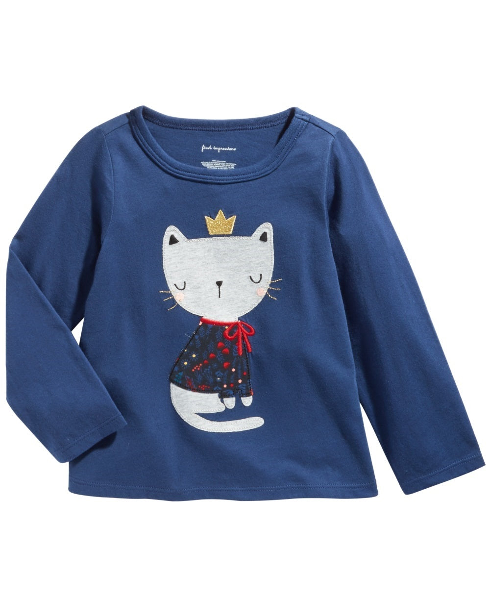 Camiseta infantil First Impressions de algodão para bebês meninas, estampa de gato, azul, tamanho 24