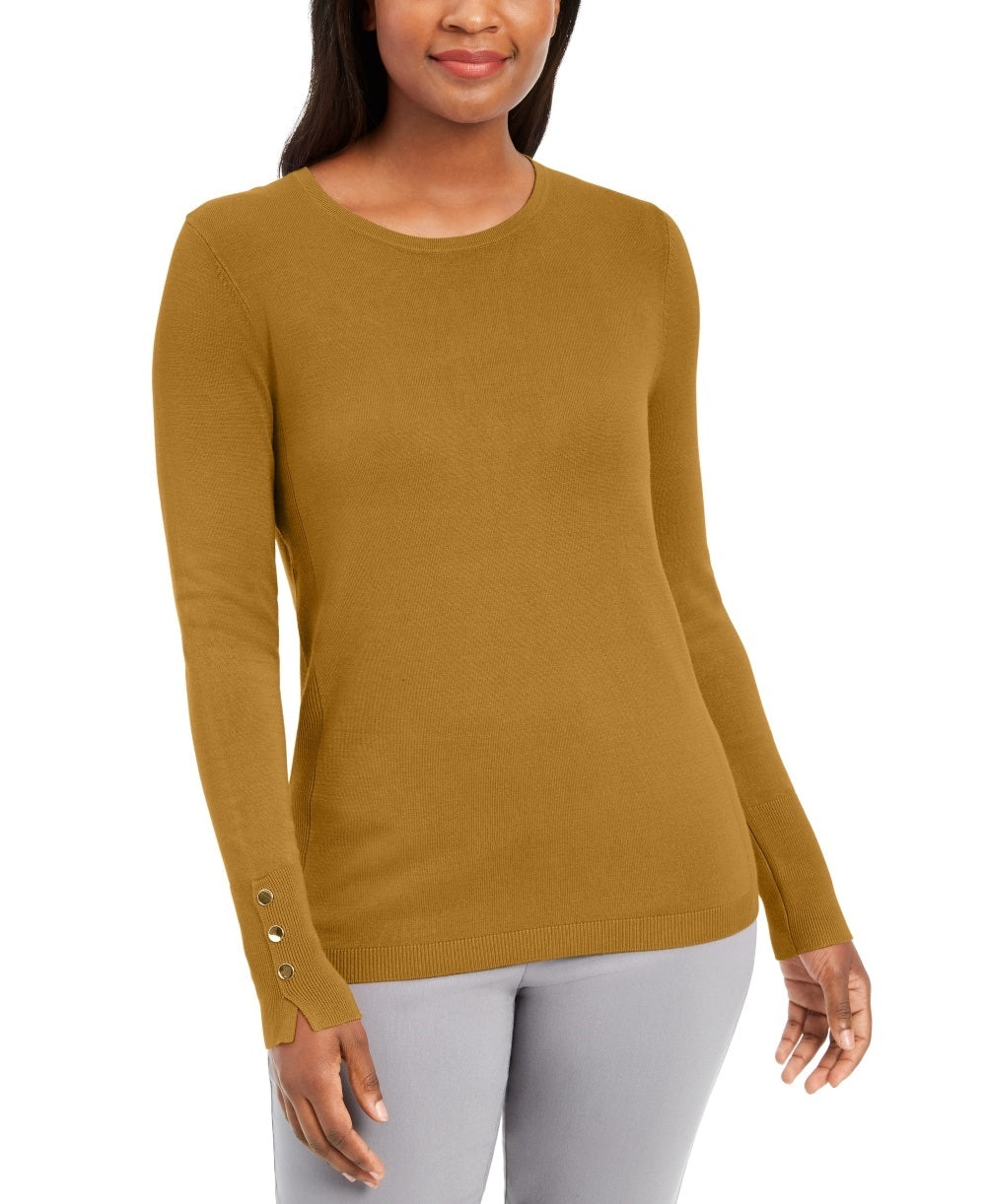 Suéter feminino JM Collection com punho de botão e gola redonda, amarelo, tamanho extragrande