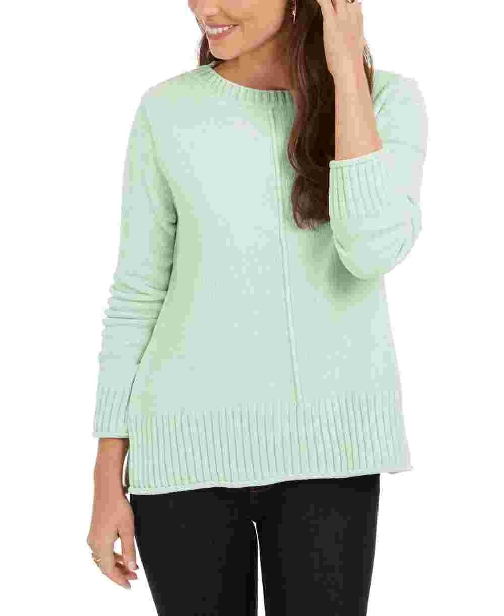 Suéter feminino texturizado canelado com manga 3/4 e gola redonda, tamanho pequeno, verde, estilo &amp; co