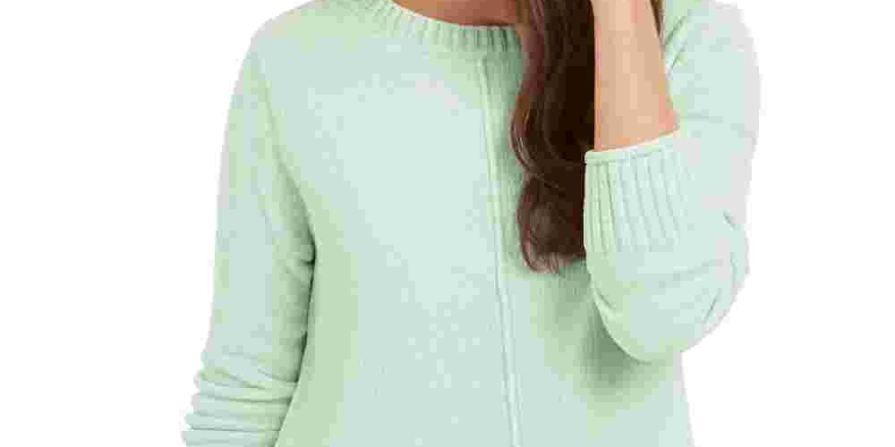 Suéter feminino texturizado canelado com manga 3/4 e gola redonda, tamanho pequeno, verde, estilo &amp; co
