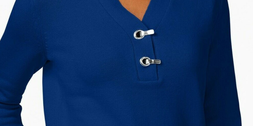 Karen Scott Suéter Henley Feminino de Algodão Azul Tamanho Pequeno P