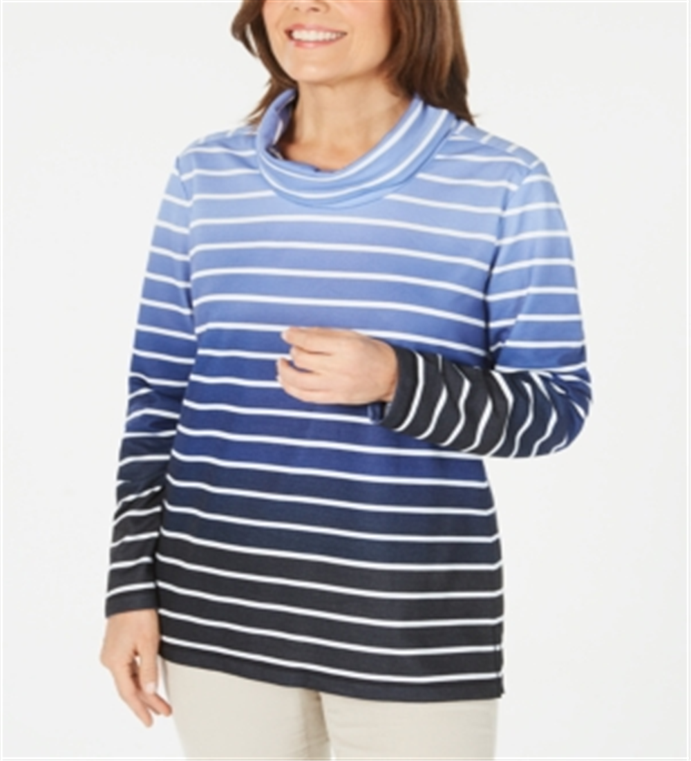 Blusa feminina listrada Karen Scott, azul, tamanho pequeno GG