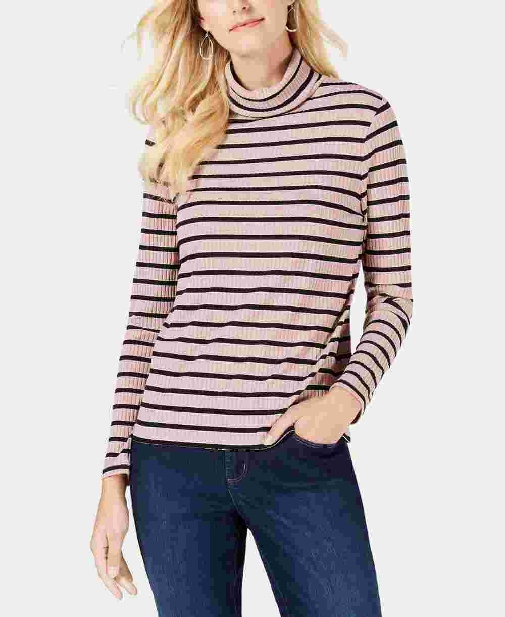 Charter Club Blusa feminina listrada de manga comprida e gola alta, rosa, tamanho pequeno, extragrande