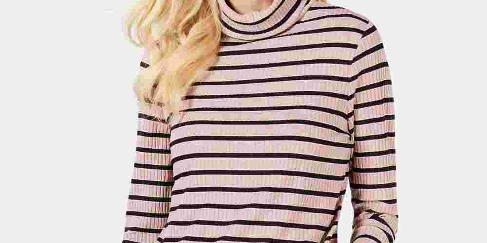 Charter Club Blusa feminina listrada de manga comprida e gola alta, rosa, tamanho pequeno, extragrande