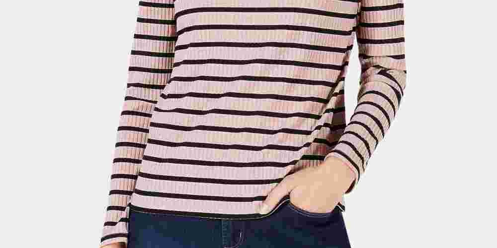 Charter Club Blusa feminina listrada de manga comprida e gola alta, rosa, tamanho pequeno, extragrande