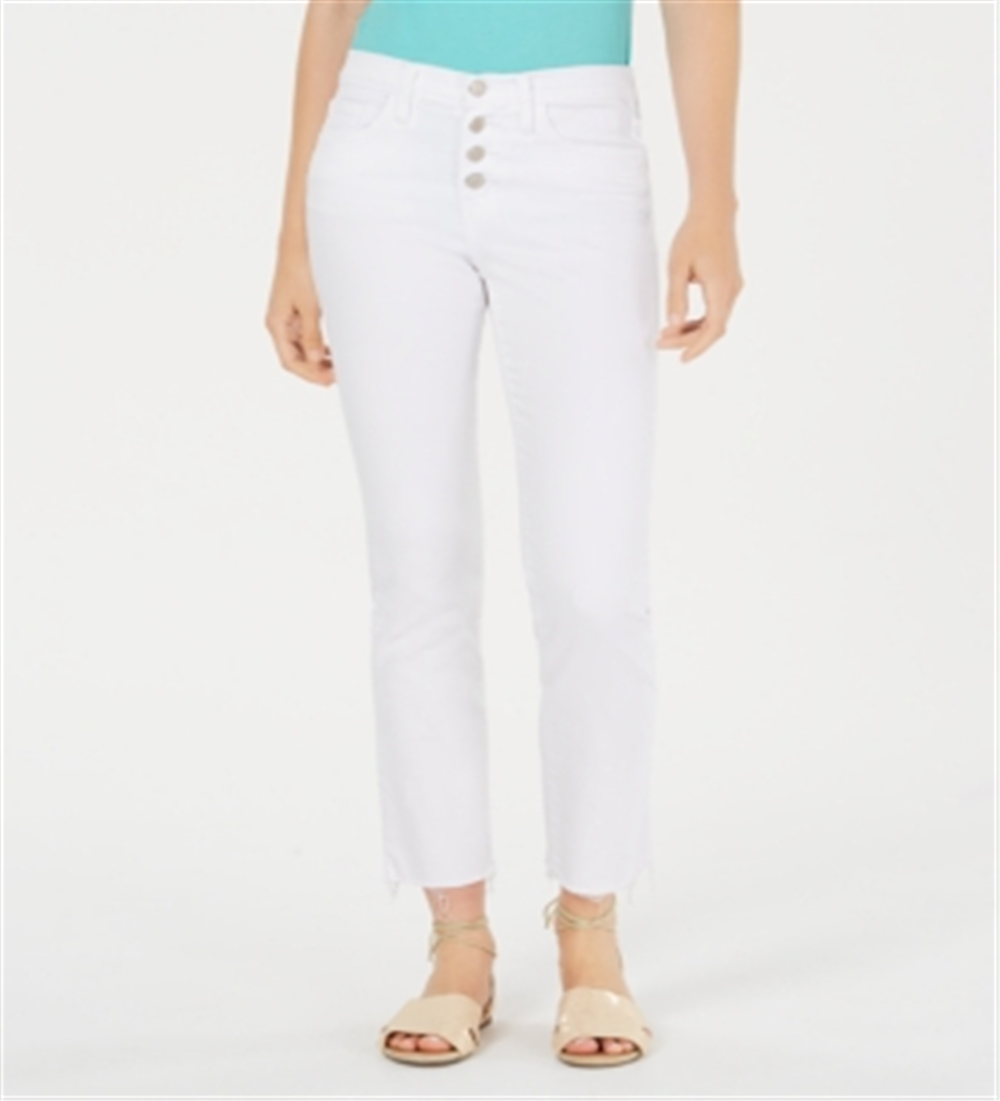 Calça jeans feminina Flying Monkey com botões e bainha crua, perna reta, branca, tamanho 27