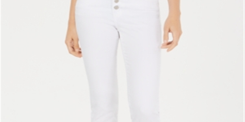 Calça jeans feminina Flying Monkey com botões e bainha crua, perna reta, branca, tamanho 27