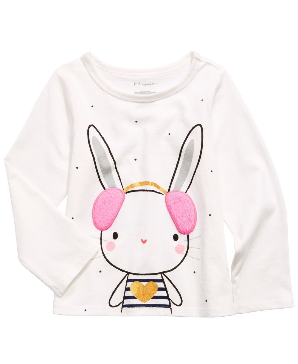 Camiseta infantil First Impressions com estampa de coelho e detalhes em lã sintética Sherpa, tamanho 12, branca
