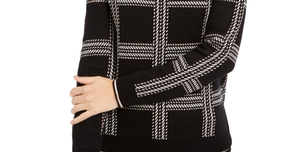 Suéter feminino Charter Club com estampa de gola redonda, preto, tamanho extragrande