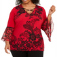 Blusa feminina estampada plus size com manga sino JM Collection, tamanho vermelho e preto -0X