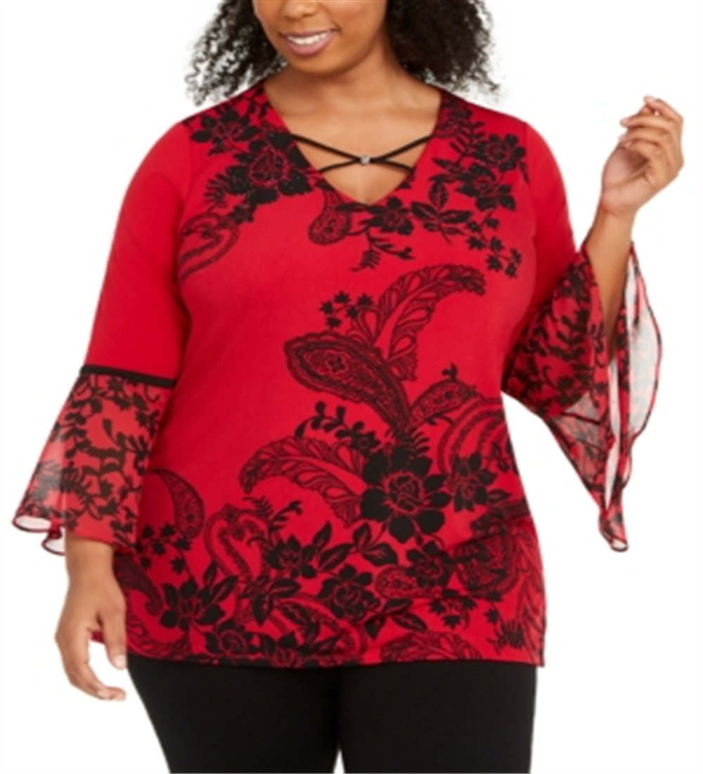 Blusa feminina estampada plus size com manga sino JM Collection, tamanho vermelho e preto -0X