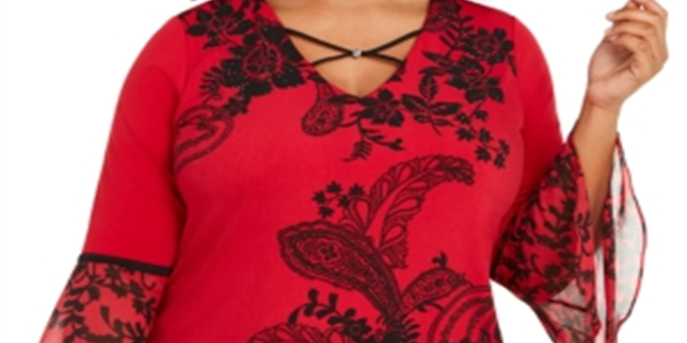 Blusa feminina estampada plus size com manga sino JM Collection, tamanho vermelho e preto -0X