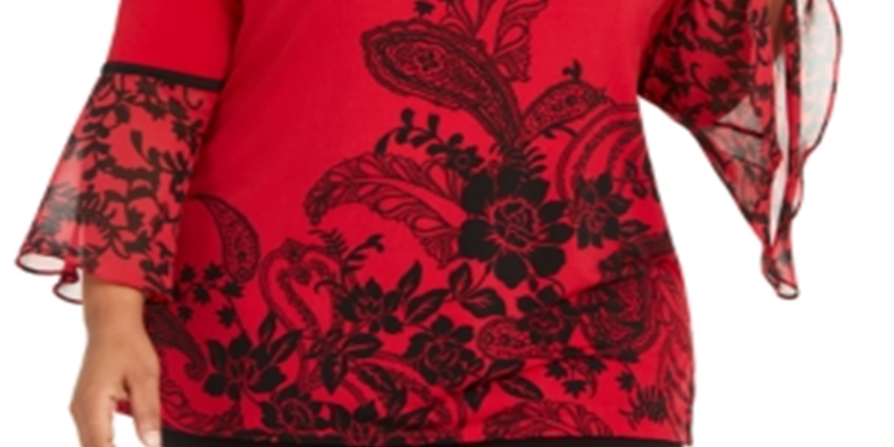 Blusa feminina estampada plus size com manga sino JM Collection, tamanho vermelho e preto -0X