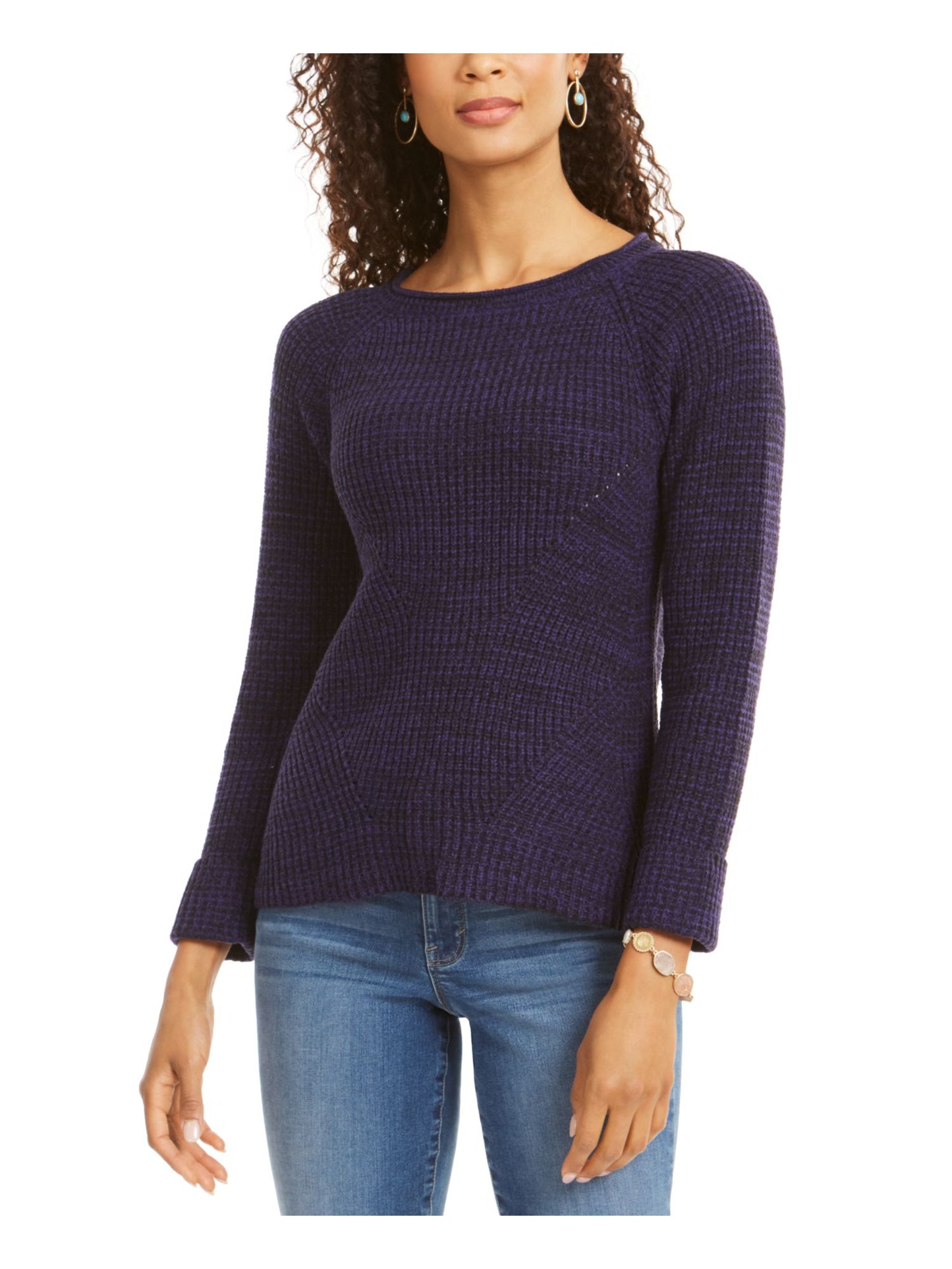 Suéter feminino texturizado de manga comprida com gola joia, roxo, tamanho pequeno médio
