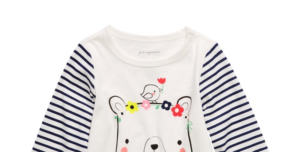 Camiseta infantil listrada de algodão First Impressions com urso, tamanho 3, branca