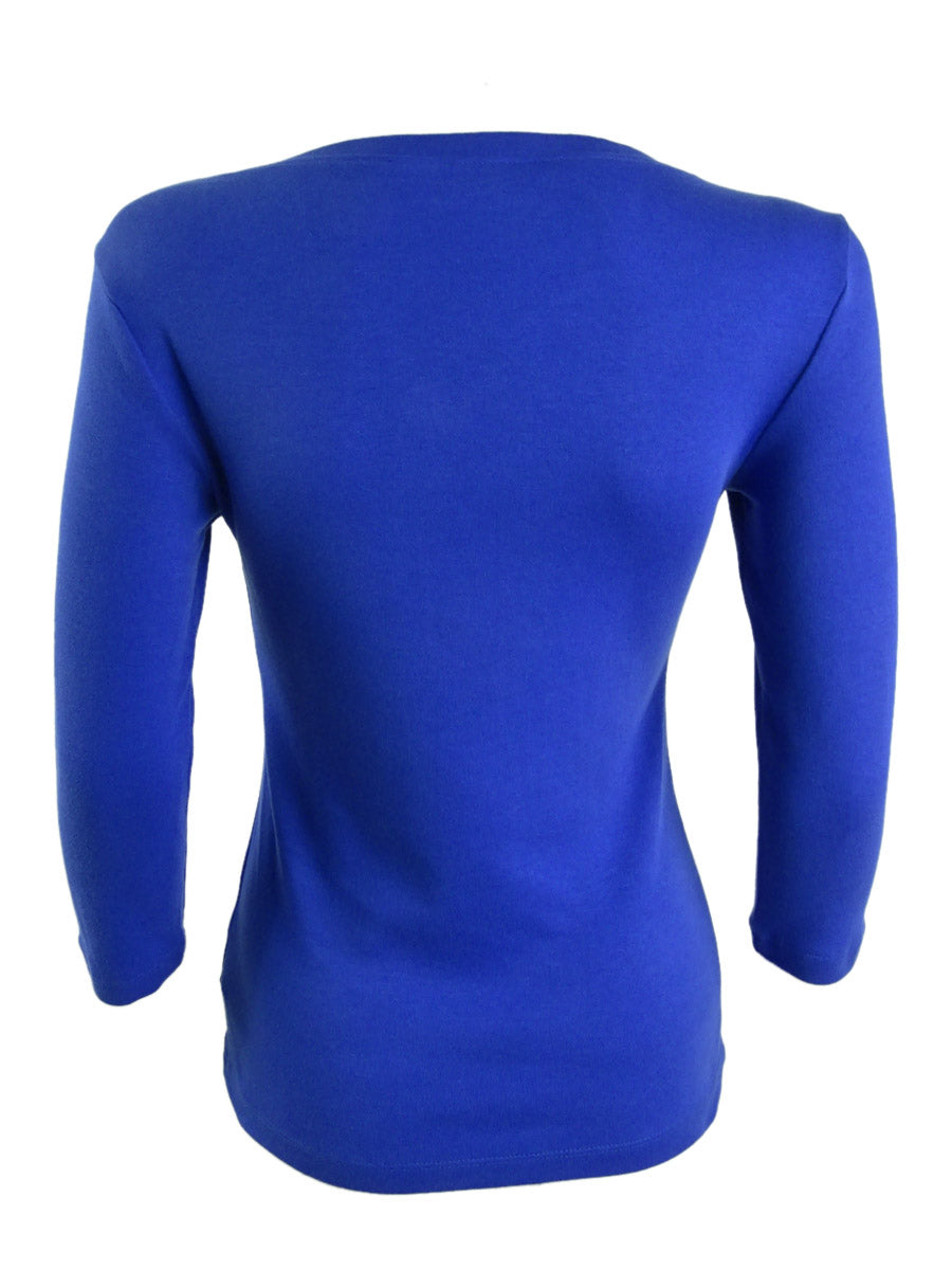 Camiseta Henley de algodão feminina Karen Scott, manga 3/4, azul, tamanho pequeno, extragrande