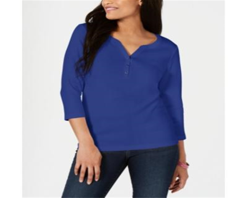 Camiseta Henley de algodão feminina Karen Scott, manga 3/4, azul, tamanho pequeno, extragrande
