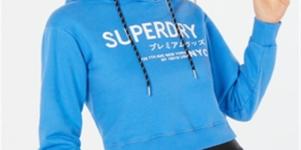 Moletom com capuz feminino Superdry Cotton Cropped com logotipo, azul, tamanho 4