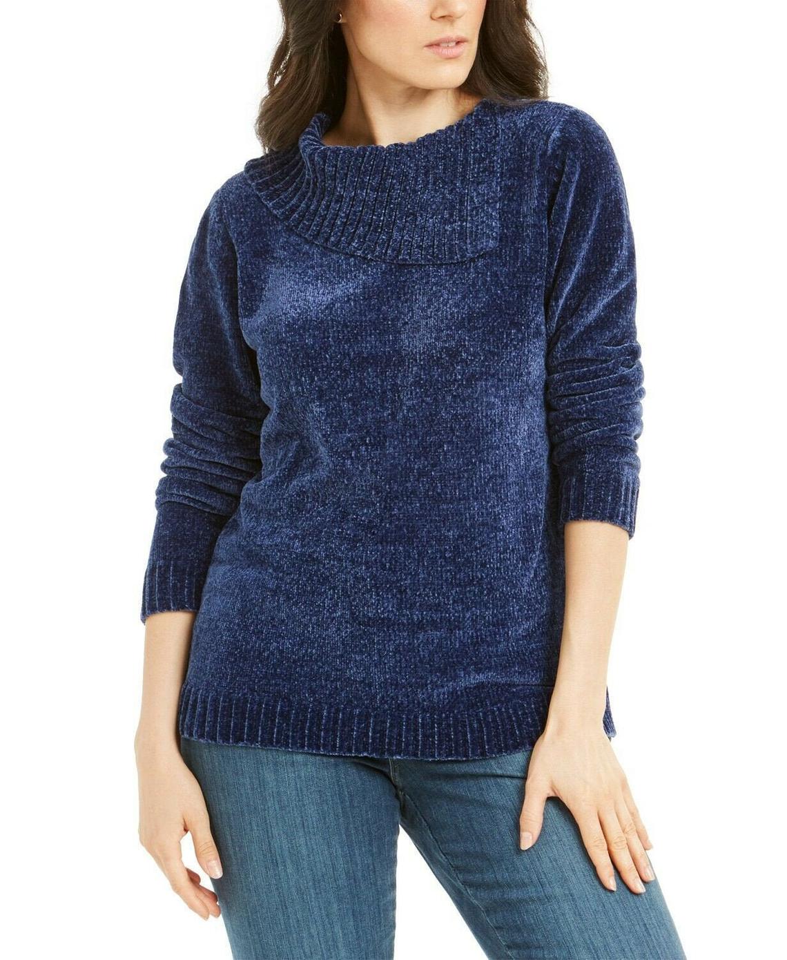 Karen Scott Suéter Feminino Gola Envelope Chenille Azul Marinho Tamanho Pequeno P/M