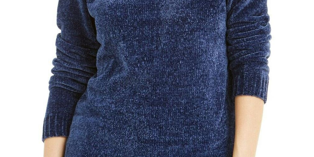 Karen Scott Suéter Feminino Gola Envelope Chenille Azul Marinho Tamanho Pequeno P/M