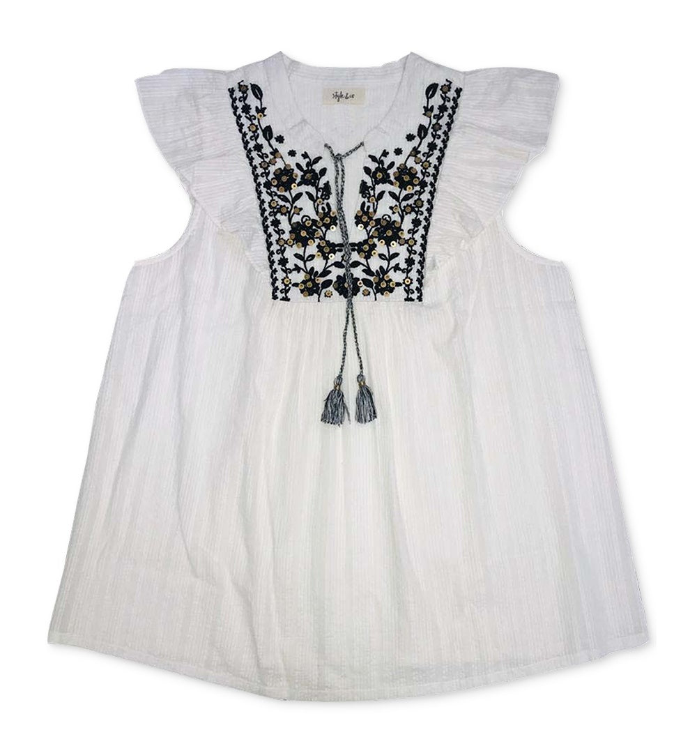 Blusa feminina de algodão com babados e bordados Style &amp; Co, branca, tamanho X-S