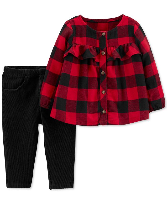 Calça casual Carter's para meninas, xadrez Buffalo, xadrez, túnica com babados e leggings de veludo, vermelha, tamanho 9 meses