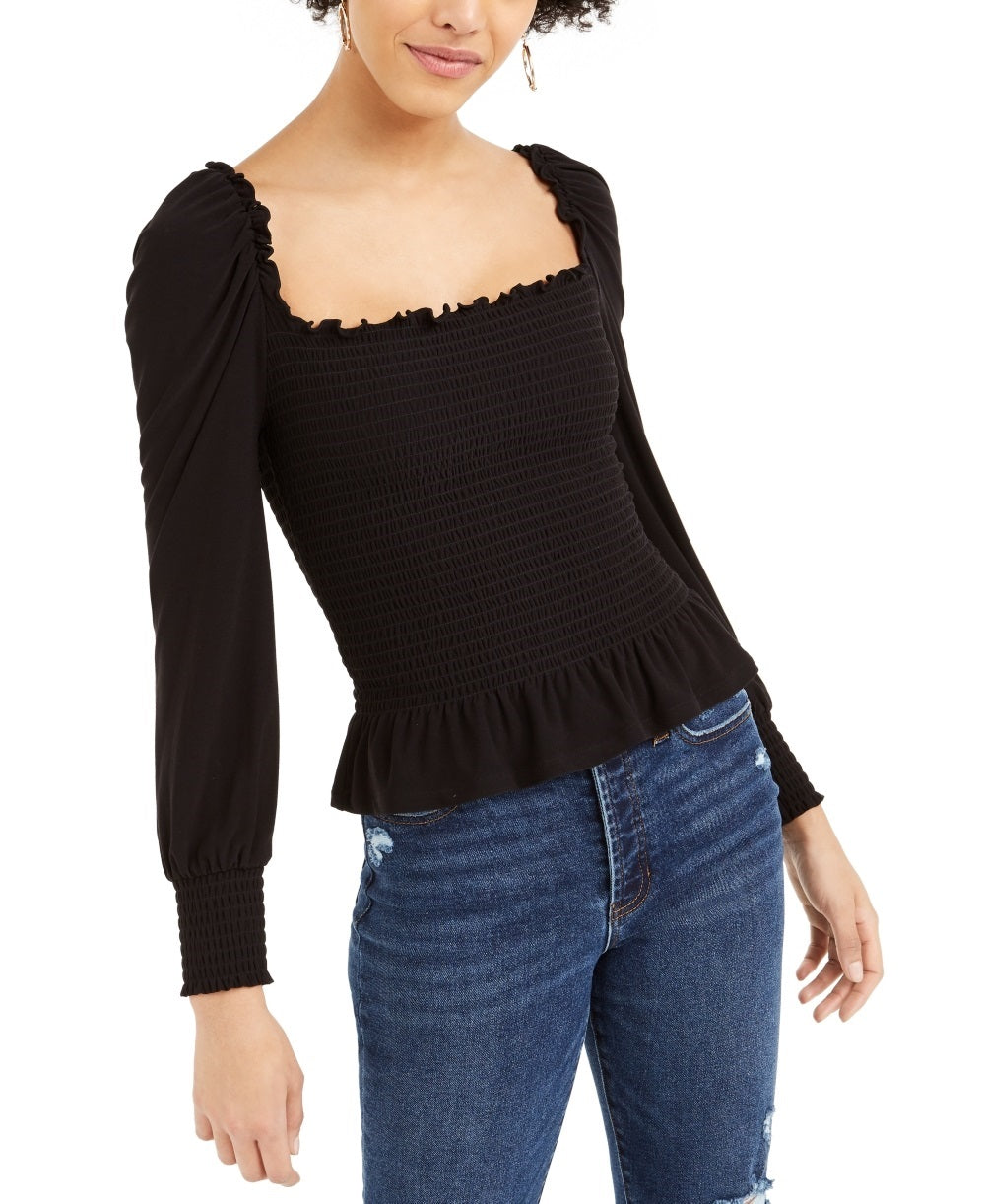 Blusa feminina Bar III com decote quadrado e franzido, preta, tamanho pequeno