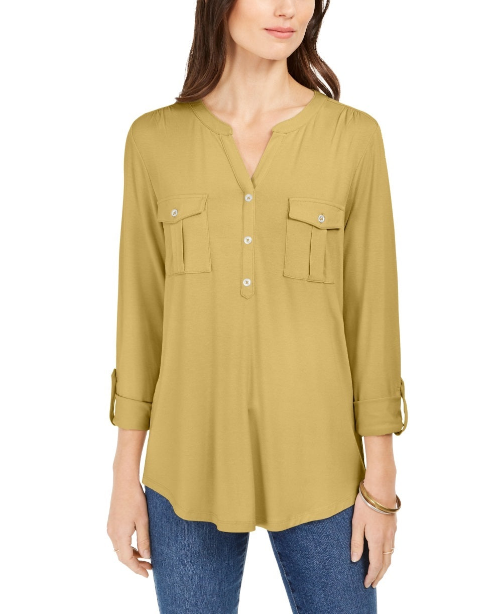 Blusa feminina estilo &amp; co com decote aberto e mangas bufantes, tamanho médio, amarela