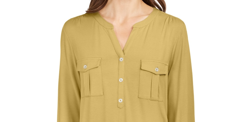 Blusa feminina estilo &amp; co com decote aberto e mangas bufantes, tamanho médio, amarela
