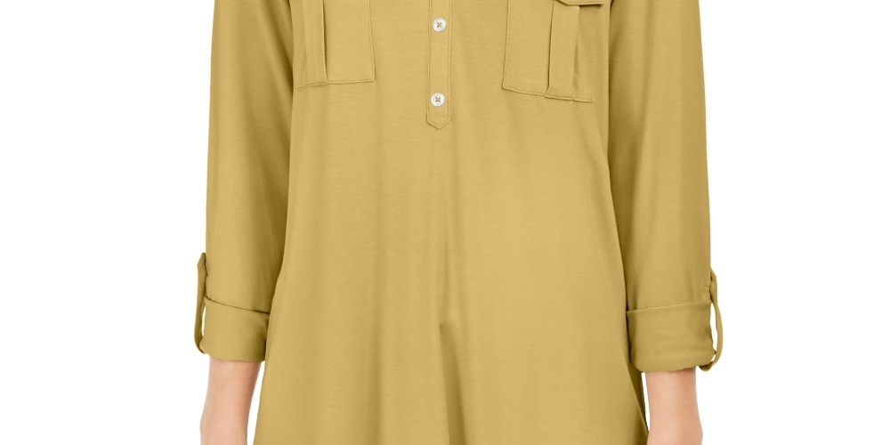 Blusa feminina estilo &amp; co com decote aberto e mangas bufantes, tamanho médio, amarela