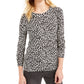 Blusa feminina Michael Kors estampada de manga comprida com decote em joia, preta, tamanho pequeno, extrapequeno