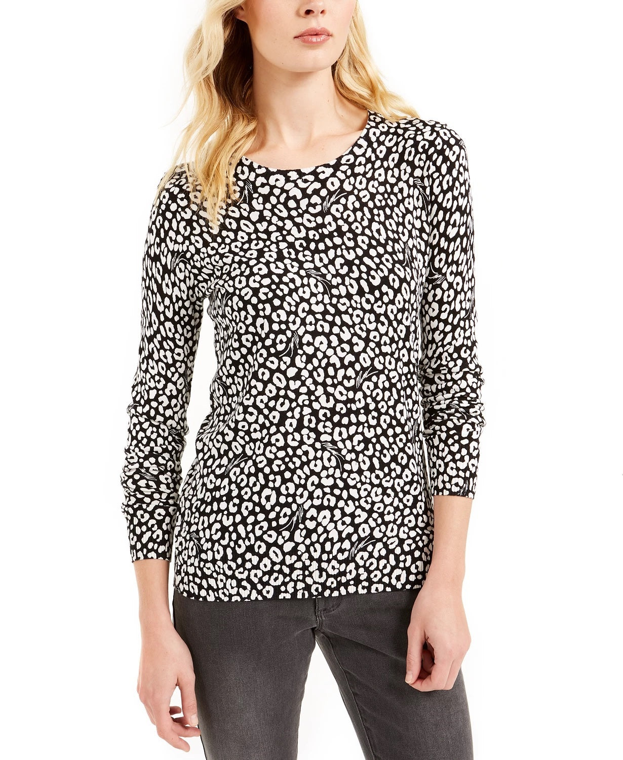 Blusa feminina Michael Kors estampada de manga comprida com decote em joia, preta, tamanho pequeno, extrapequeno