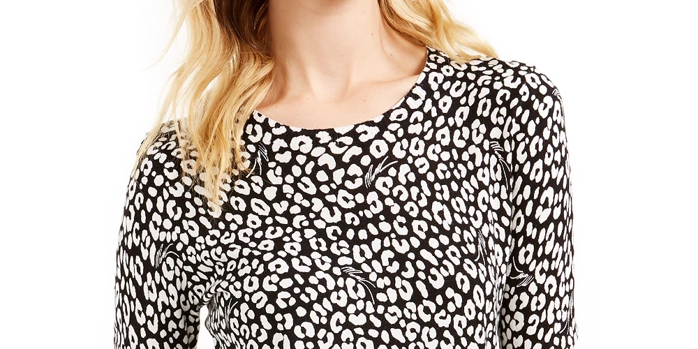 Blusa feminina Michael Kors estampada de manga comprida com decote em joia, preta, tamanho pequeno, extrapequeno