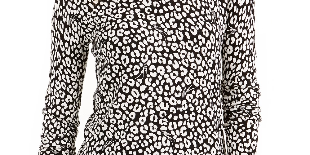 Blusa feminina Michael Kors estampada de manga comprida com decote em joia, preta, tamanho pequeno, extrapequeno