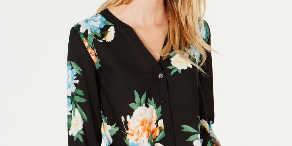Blusa floral Cloud Burst feminina da INC International Concepts, preta, tamanho X-S