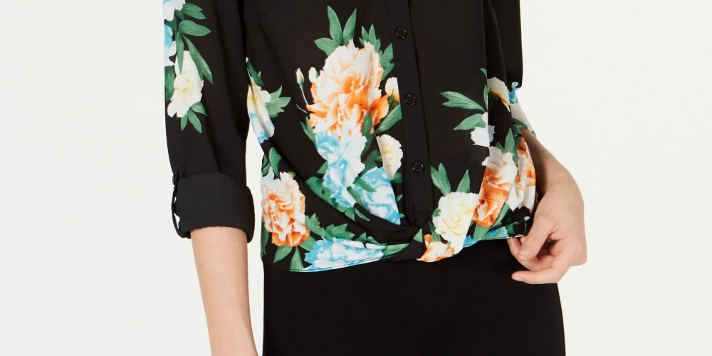 Blusa floral Cloud Burst feminina da INC International Concepts, preta, tamanho X-S