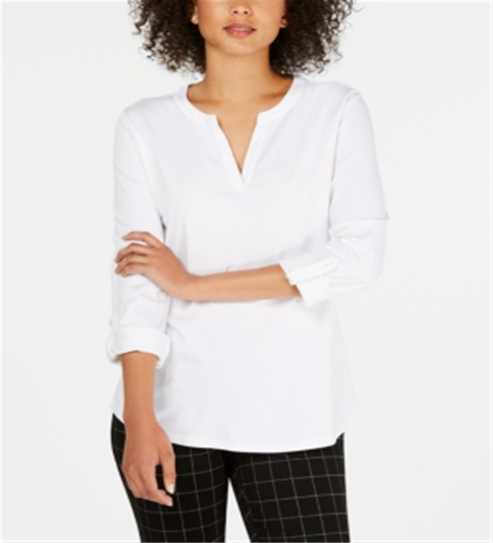 Camiseta feminina Charter Club Supima Cotton com decote dividido, branca, tamanho PSM