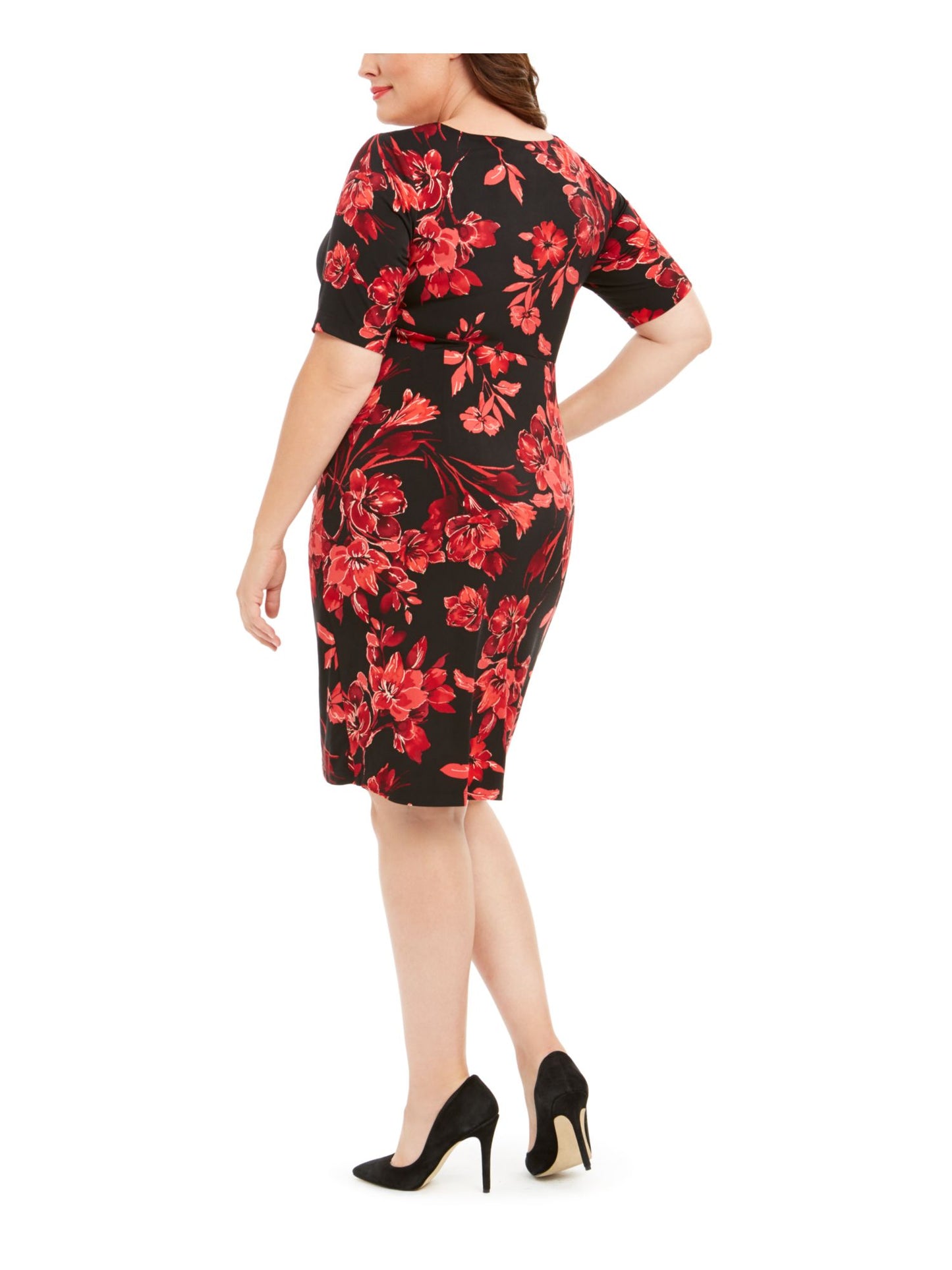 Vestido sarongue feminino plus size com estampa floral, preto e vermelho, tamanho 14 W