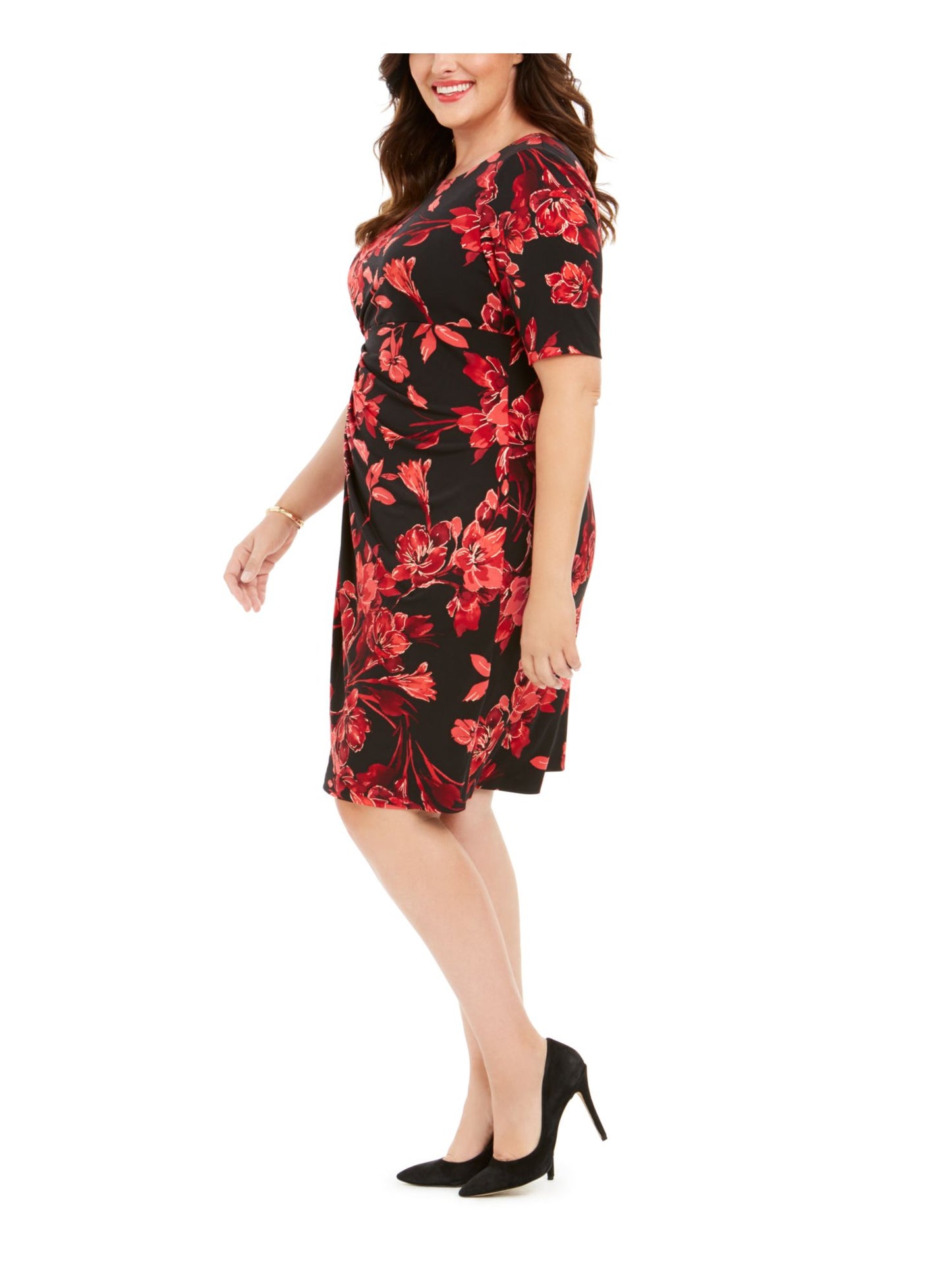 Vestido sarongue feminino plus size com estampa floral, preto e vermelho, tamanho 14 W