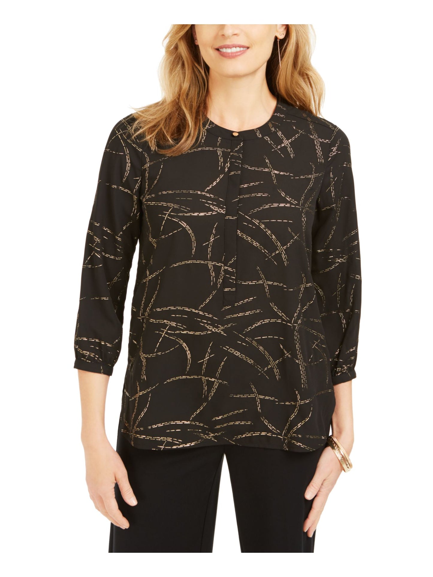 Blusa de noite feminina estampada com manga 3/4 e decote em joia, preta, tamanho pequeno P