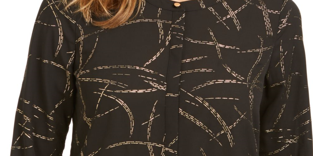 Blusa de noite feminina estampada com manga 3/4 e decote em joia, preta, tamanho pequeno P
