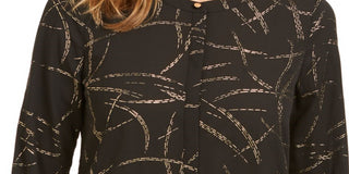 Blusa de noite feminina estampada com manga 3/4 e decote em joia, preta, tamanho pequeno P