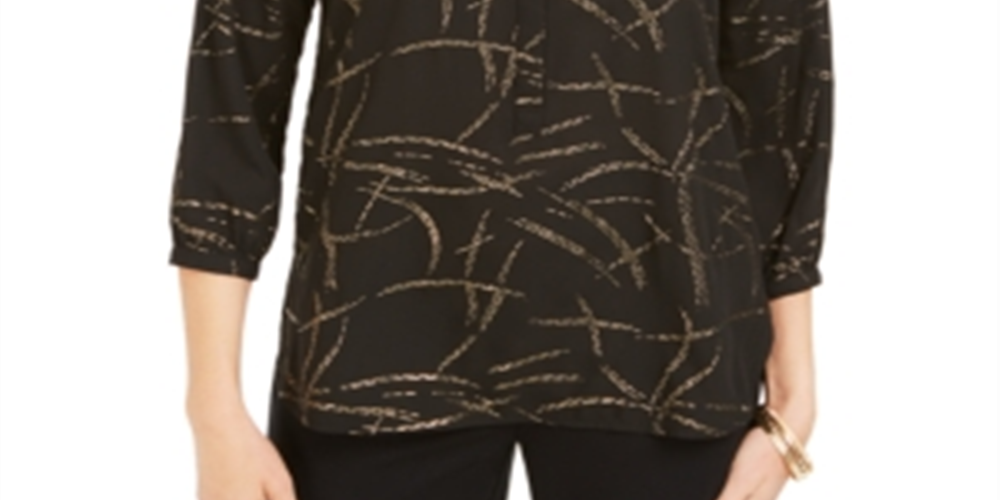 Blusa de noite feminina estampada com manga 3/4 e decote em joia, preta, tamanho pequeno P