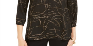 Blusa de noite feminina estampada com manga 3/4 e decote em joia, preta, tamanho pequeno P