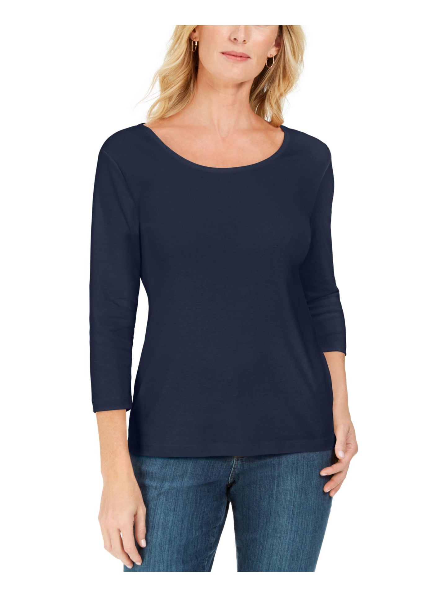 Karen Scott Blusa feminina de algodão com decote redondo, tamanho azul marinho, pequena, P/M