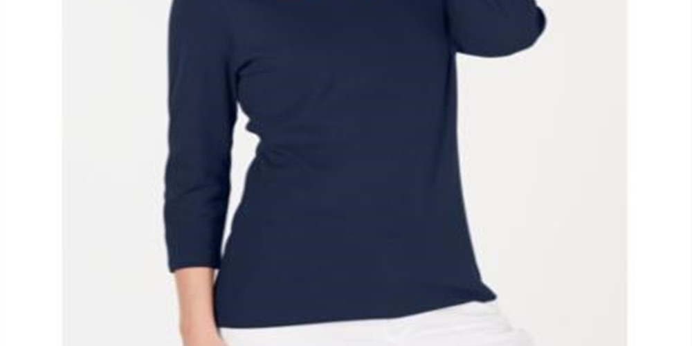 Karen Scott Blusa feminina de algodão com decote redondo, tamanho azul marinho, pequena, P/M