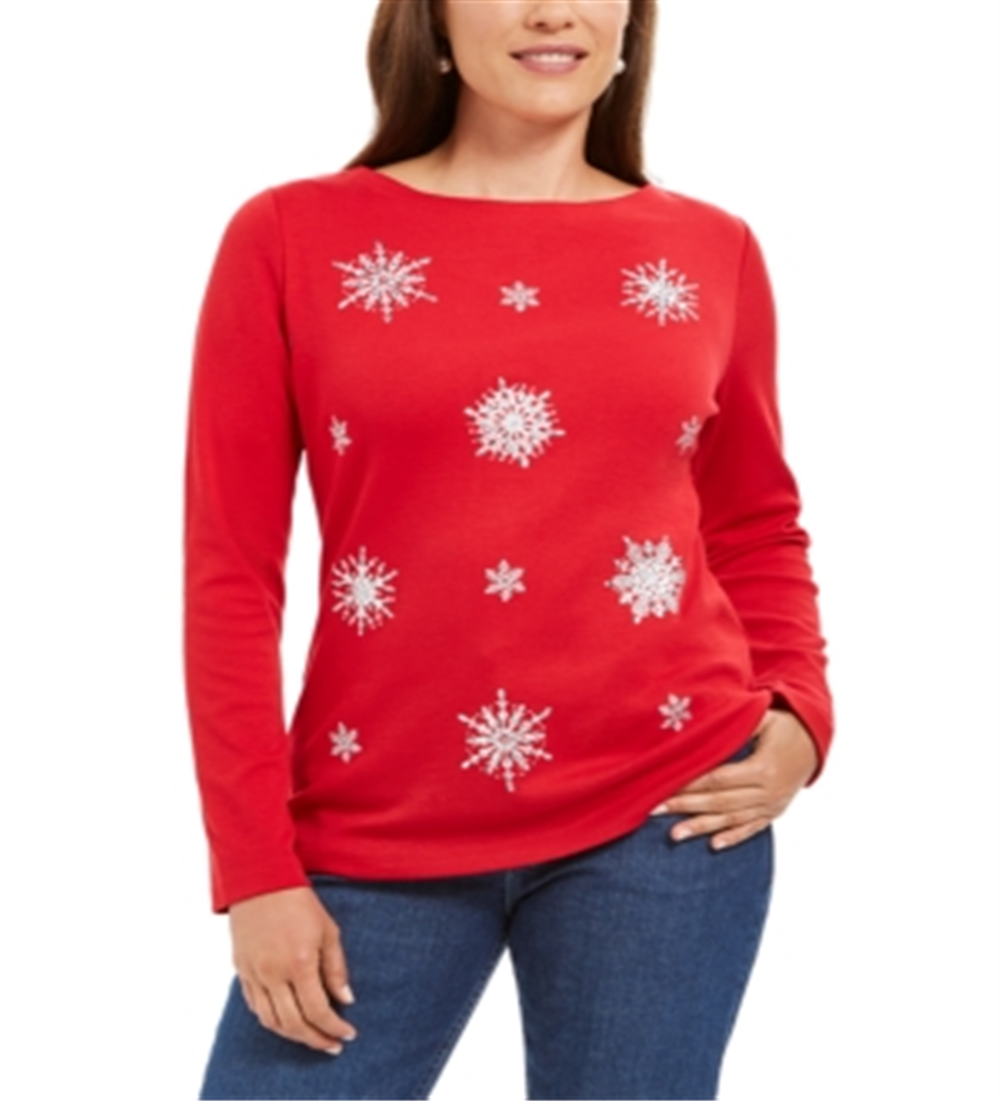Karen Scott Top Feminino Floco de Neve Enfeitado Vermelho Tamanho Pequeno G