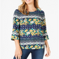 Charter Club Blusa feminina estampada com manga 3/4, azul marinho, tamanho pequeno G