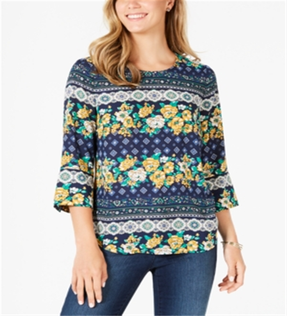 Charter Club Blusa feminina estampada com manga 3/4, azul marinho, tamanho pequeno G