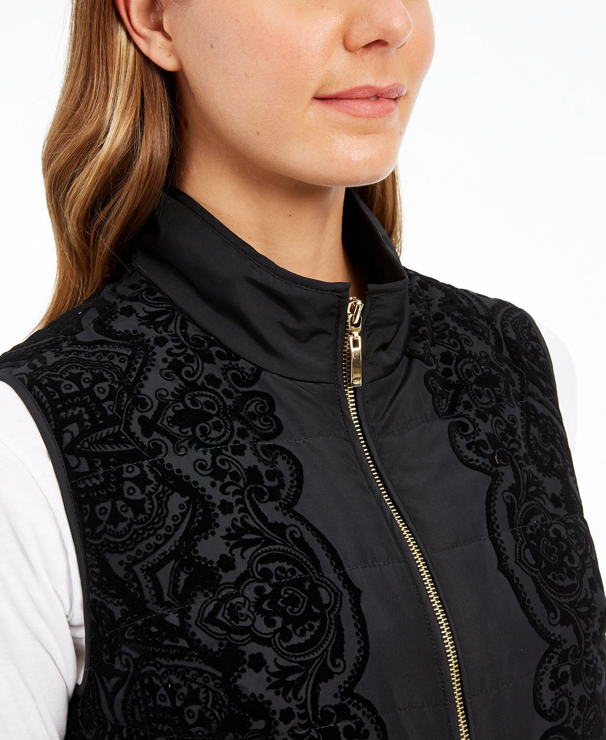 Colete acolchoado de veludo flocado feminino Charter Club, preto, tamanho pequeno G